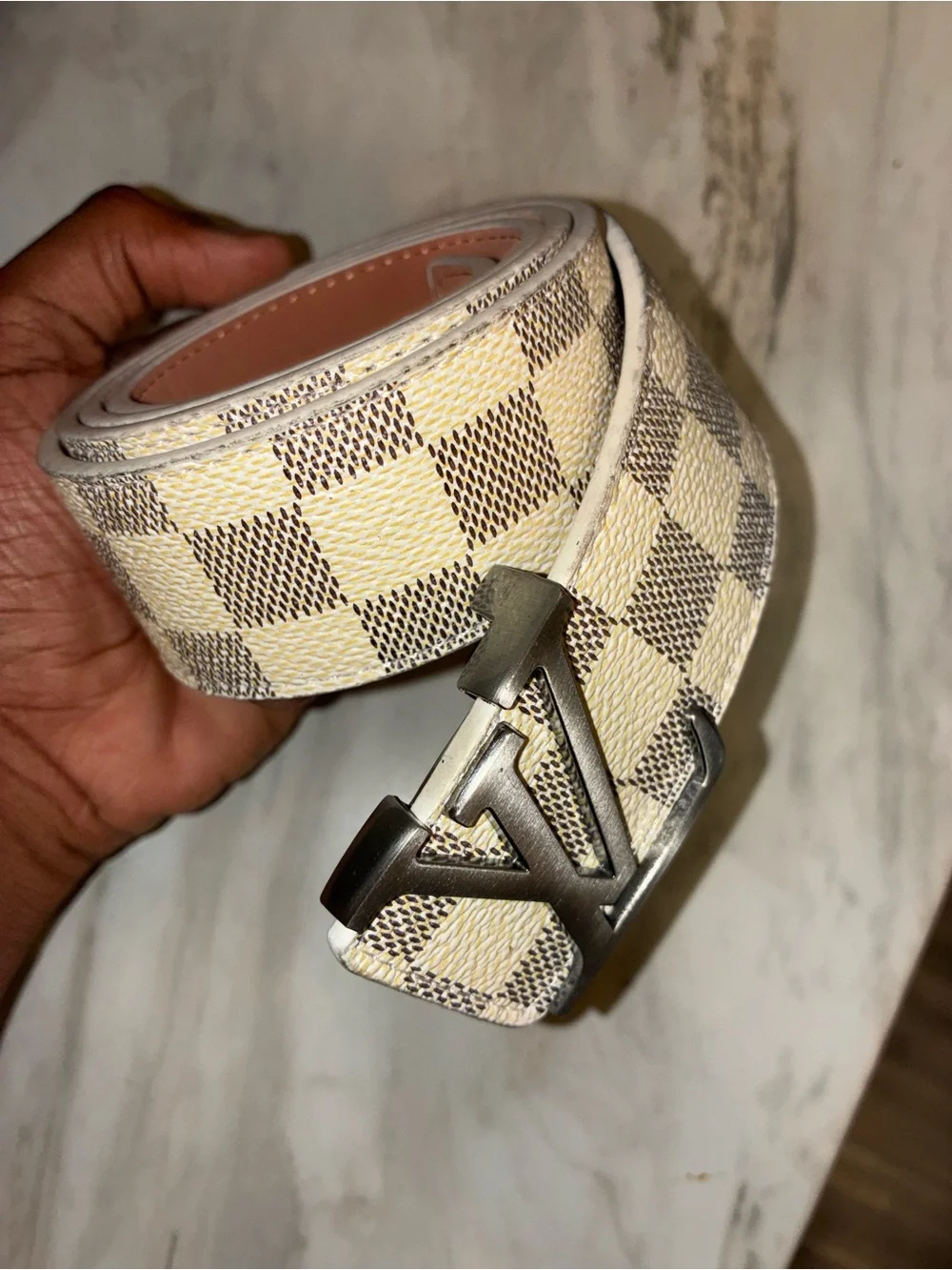 Louis Vuitton Checkered Canvas Belt in Cream and Brown with LV Buckle